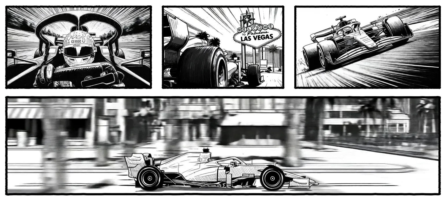 The McLaren Formula 1 car rendered in comic-book style across the Las Vegas Sphere